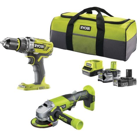 RYOBI Pack Perceuse-visseuse à percussion 18V - Meuleuse d'angle One+ 18V - 1 batterie 18V 2.0 Ah - 1 batterie 18V 4.0 Ah - 1 chargeur R18PDAG-242S