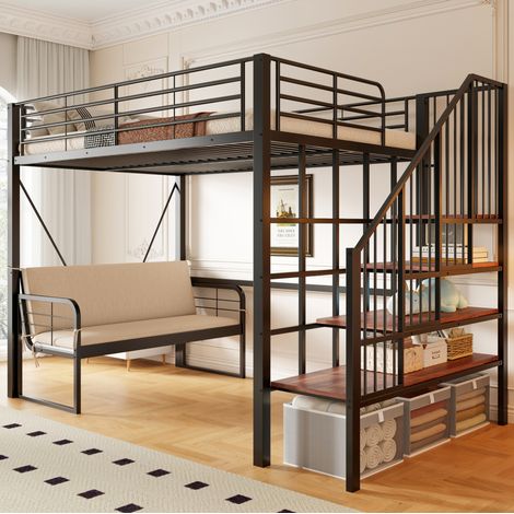 Cama alta 140x200 cm negra de metal y MDF, sofa desmontable y escalera con almacenaje (1/5)