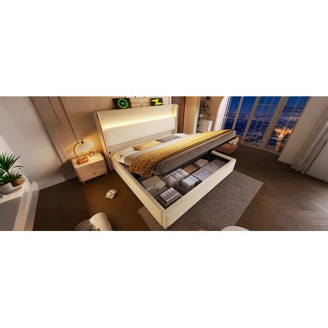Lit double hydraulique beige 180x200 cm aspect lin avec tête haute, LED, coffre et ports USB-C pour chambre et suite (1/5)