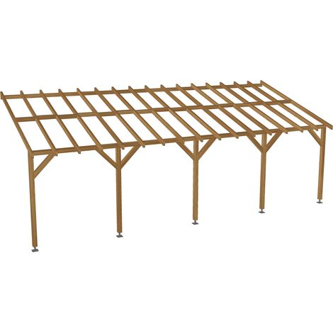 Carport adossé 8x3 – Pente 30% – Bois massif traité CL3 marron – Sections robustes – Installation facile en 3h à 3 personnes – Jardinatoire (1/5)