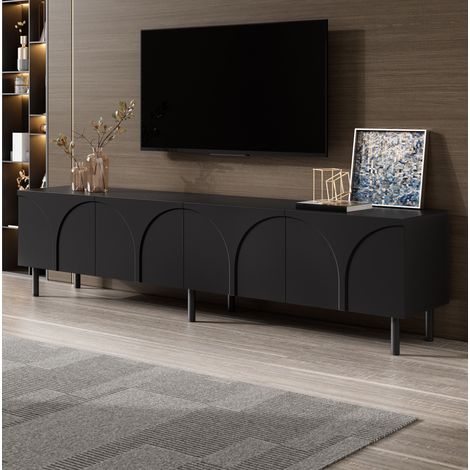Mueble TV 180 cm con 4 puertas y almacenamiento, diseño contemporáneo esculpido y patas metálicas, negro (1/5)