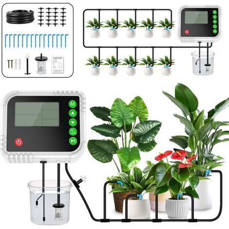 Automatisches Bewässerungssystem für Innenräume von Fortuneville, automatische Tropfbewässerung für 15 Topfpflanzen, programmierbarer Bewässerungstimer mit LCD-Bildschirm, USB-C-aufladbar mit 15 Tropf (1/5)