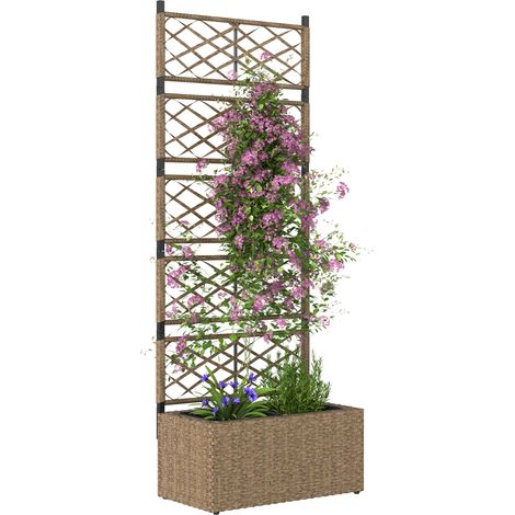 Outsunny jardinera exterior grande de ratán con enrejado 2 macetas extraíbles para plantas trepadoras para patio terraza 57x30x150 cm natural