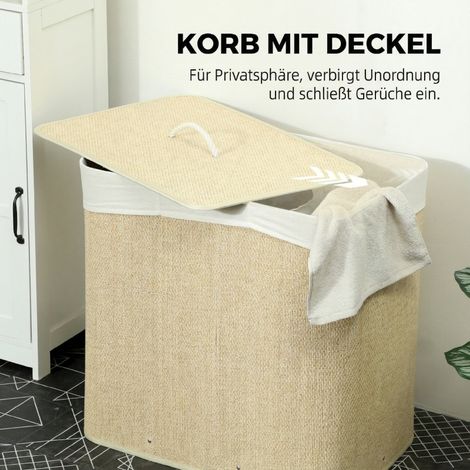 Panier de rangement en bambou avec couvercle, 3 bacs, 144 litres, anses en corde, housse lavable amovible (1/5)
