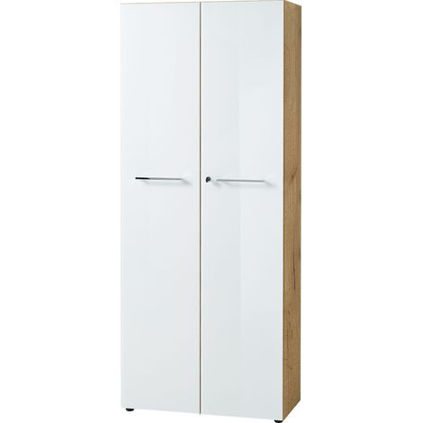 Armoire haute,classeur en panneau de particules mélaminé/verre trempé blanc-Longueur 80 x Profondeur 37 x Hauteur 196 cm -PEGANE- (1/4)