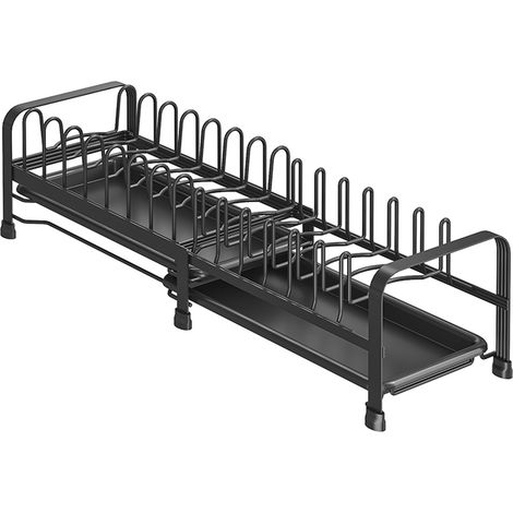 Étagère à Assiettes Extensible Réglable, Organisateur Vaisselle Couvercles Cuisine avec Plateau Égouttoir, Noir (1/4)