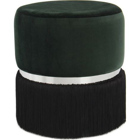 Pouf Rebecca in velluto verde scuro con frange e anello silver (1/3)