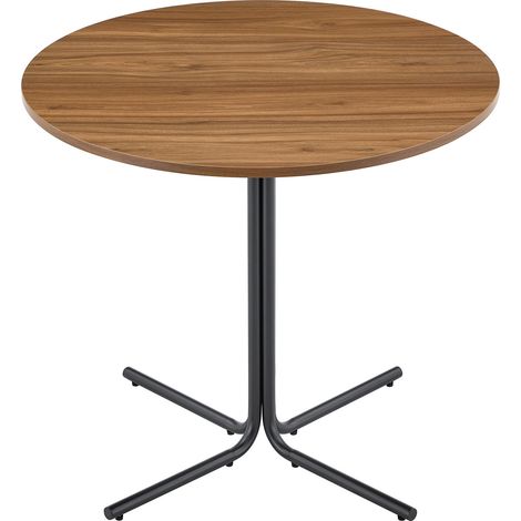 Tavolino rotondo da soggiorno 85 cm, piano effetto noce e struttura in metallo nero, stile moderno (1/5)