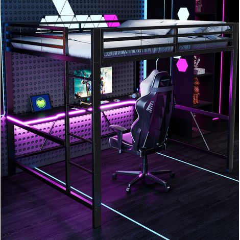 MODFU – Lit mezzanine 160x200 cm – Bureau, LED, USB – Garde-corps – Métal/MDF – 200 kg – Noir (1/5)