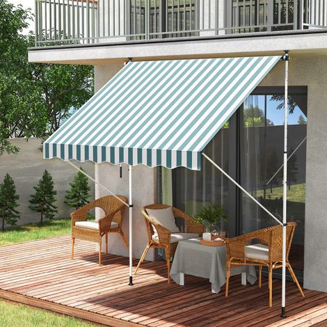 Manuell einziehbare Markise 200x150x170-280 cm für Balkon und Terrasse mit verstellbarer Höhe und Kurbel, grün-weiß gestreift