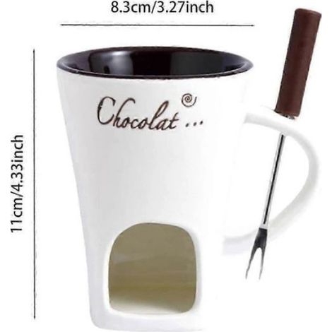Mug à fondue au chocolat, tasse à café, mug à fondre le chocolat avec fourchette, chauffe-fondue, mug à bonbons, blanc (1/4)