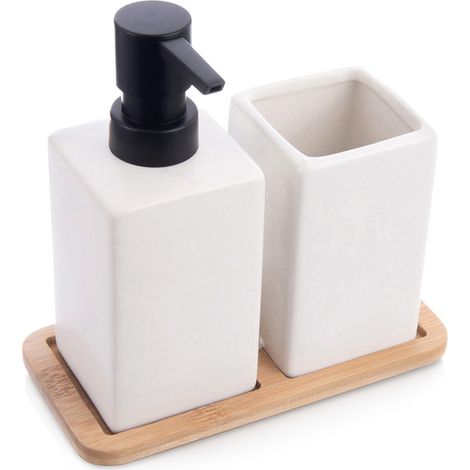Weißes Dolomit-Badezimmer-Set, 3-teilig: Seifenspender, Becher, Seifenschale