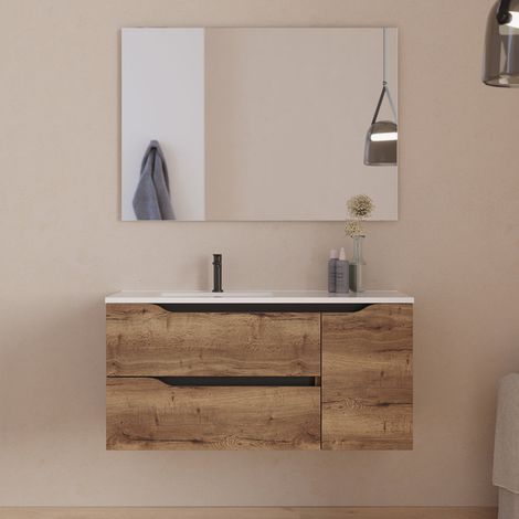 Meuble de salle de bain 100cm avec vasque déportée à gauche et miroir - 2 tiroirs et un placard - tabaco (bois foncé) - ZARZA