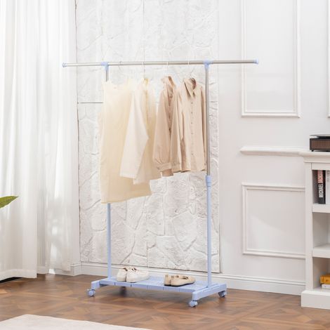 Étendoir à linge extensible à roulettes, barre et étagère à chaussures en acier inoxydable, 159 x 42 x 168 cm, bleu et argent
