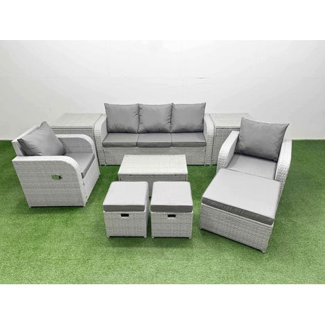 Fimous PE Rattan Garden Furniture Set Reclining Chair Sofa Lounge Sofa Set Oblong Coffee Table 2 Side Table 3 Stools Light Grey (1/4)