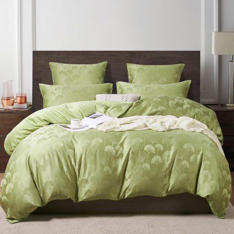 Bettwäsche-Set 155x220 cm Grün Ginkgo Jacquard Satin mit Reißverschluss