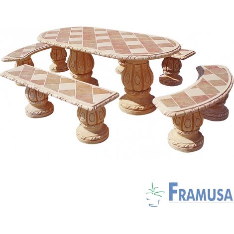 CONJUNTO COMEDOR PIEDRA OVALADO JARDIN HIGUERA  GRES CON AZULEJOS OCRE