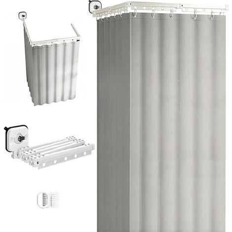 Shower Curtain Rod with Suction Cup and Shower Curtain, 4 Way Foldable, No Drilling, Wall Mounted, with Curtain Rings, Folding Shower Curtain Rod for Room (1/5)