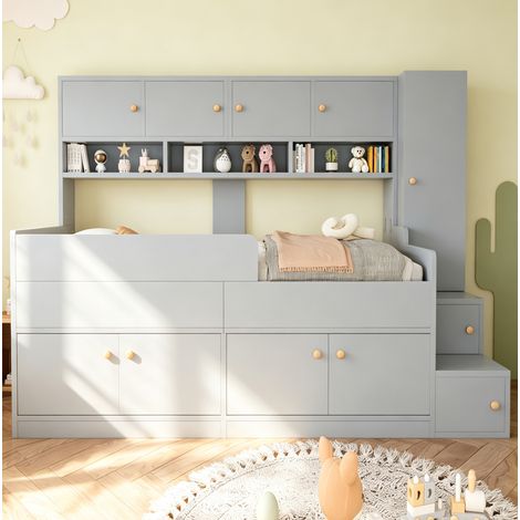 Cama alta infantil 90 x 200 cm con almacenaje, armario, librería, escalera y LED gris (1/5)