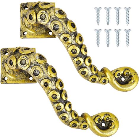 Lot de 2 poignées de porte en résine robuste en forme de pieuvre avec trous de vis de 6 mm pour portes intérieures, chambres à coucher et portes extérieures, 20,3 cm - Doré antique (1/5)