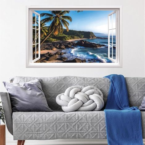 3D Stickers Muraux Vue Sur la Mer Chambre Adulte île Sticker Mural Palmiers 3D Autocollant Muraux pour Salon Salle de Bain Chambre à Coucher Autocollant Mural de D'été Sticker Mural Motif Plage (1/5)
