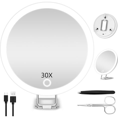 Miroir grossissant 30X avec éclairage, 3 Couleurs d'éclairage, Miroir de Maquillage Lumineux Rechargeable de 15 cm, Miroir de Voyage Portable grossissant 30X pour Les travaux de précision (1/5)