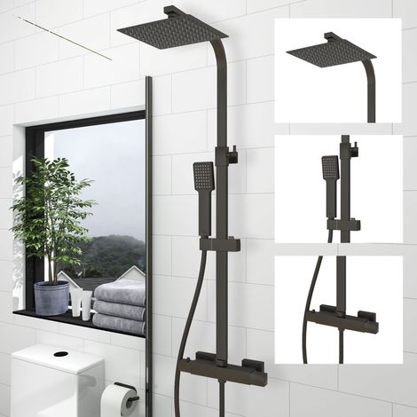 SKY Bathroom Square Black Exposed Valve Thermostatic Mixer Shower Set Twin Head (1/8)