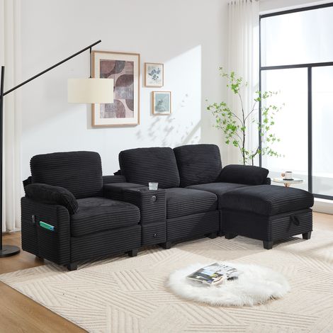 Divano 266x136x82 cm, 3 Posti, Memory foam, Tasche laterali, Pouf contenitore, USB-C, Velluto a coste, Nero