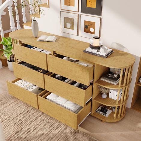 Cómoda de 6 cajones, aparador de cocina, 6 estantes abiertos, altura regulable, madera, 160×40x75 cm, natural (1/5)