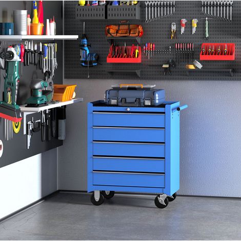 CHICFURN Carrello da officina 67,5 x 33 x 77 cm in acciaio blu, 5 cassetti, con ruote e chiusura (1/5)