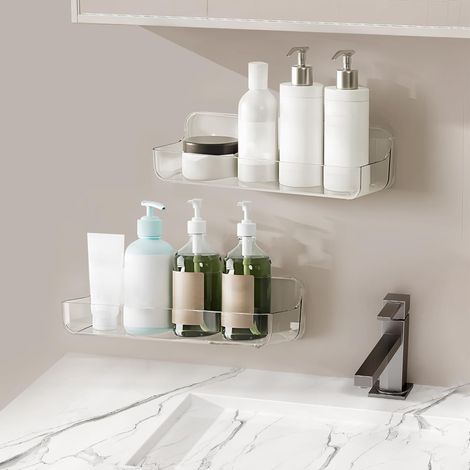 Organiseur mural en acrylique 2 pièces : étagère autocollante, organiseur mural pour salle de bain, sans perçage, avec 3 rubans adhésifs, pour salle de bain, cuisine et salon, transparent. (1/4)