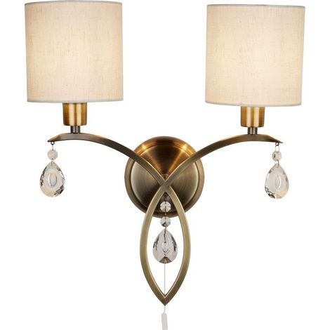 Applique ALBERTO 2L double branches métal Laiton antique,abatjour lin, goutte en cristal E14 2x60w avec inter (1/3)
