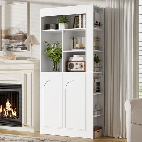 Armoire 85/35/180 cm blanche avec étagères ouvertes, 2 portes et rangements latéraux (1/5)