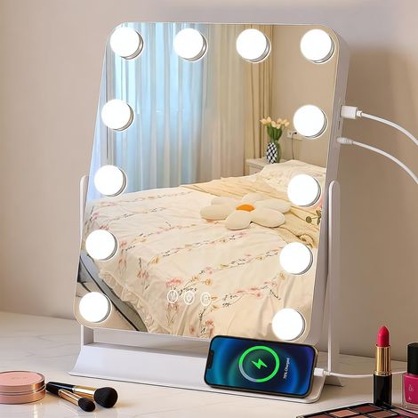 Miroir de maquillage avec éclairage, 31 x 48 cm, miroir cosmétique avec intensité variable, 12 LED, 3 modes de couleur, contrôle tactile intelligent, miroir de table rotatif à 360° (1/5)