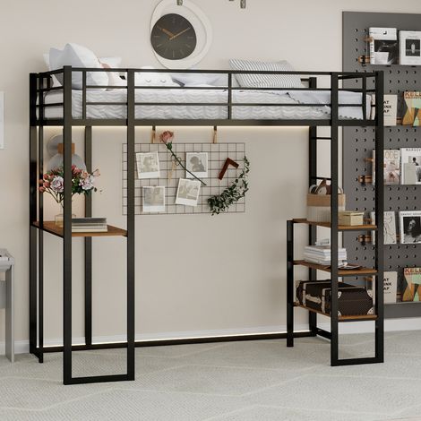 Cadre de lit 90x190 cm noir – bureau et rangement intégrés, sans matelas (1/5)