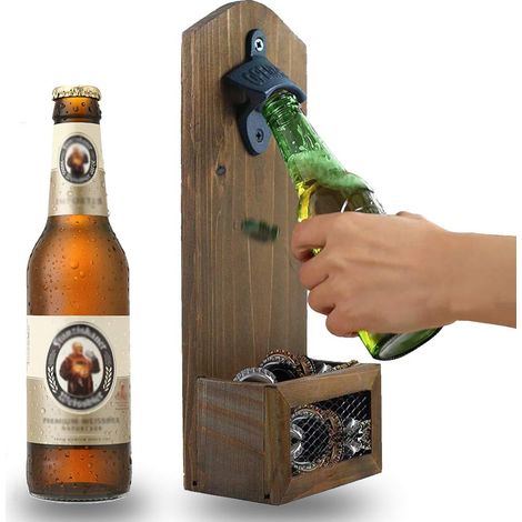 Bottle Opener, Wooden Bottle Opener, with Cork Catcher, Vintage Style, Wall Mounted Bottle Opener for Home, Kitchen, Garden, Patio, Caravan, Indoors and Outdoors (1/5)