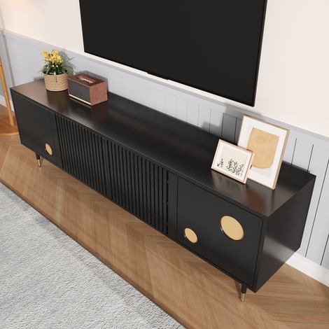 TV-Lowboard 170 cm Schwarz Gold, TV-Schrank mit 4 Türen & Gitterstruktur, Fernsehtisch mit Kabelmanagement & Push-to-Open, Wohnzimmermöbel MDF