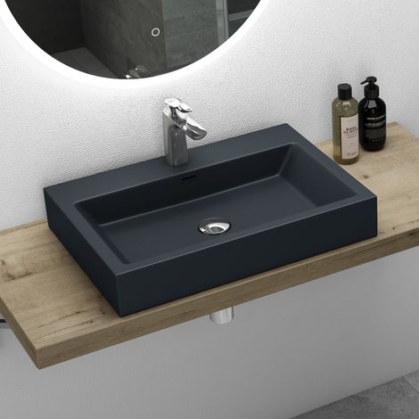 Mai & Mai Lavabo Suspendu Gris Noir Mat Vasque à Poser 60cm Lave Mains Rectangulaire avec Trop Plein Col06 60x42x10cm