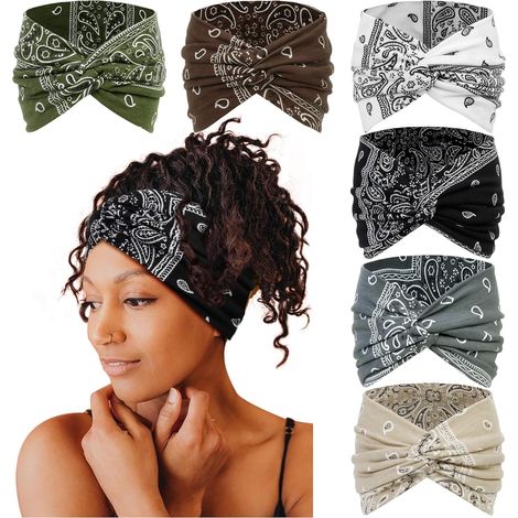Diademas anchas para mujer, diademas tipo pañuelo bohemio de 18 cm, diademas grandes, accesorios para el cabello anudados, paquete de 6 - negro (1/4)