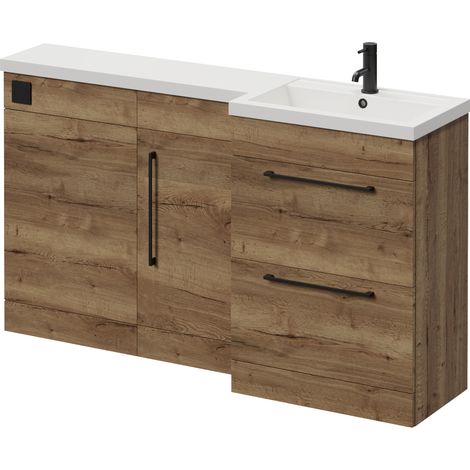 Napoli 390 Tobacco Oak 1500mm 2 Drawer Vanity Unit Toilet Suite with Right Hand Square Lucia Basin - 1500mm - Matt Black 320mm HandleWithout Kingston Toilet Pan