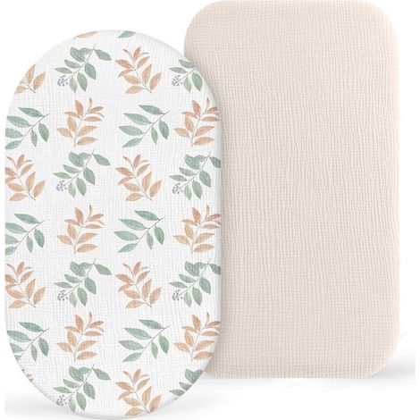 Lot de 2 draps-housses cododo pour lit bébé, 100 % mousseline de coton, pour poussette, lit parapluie et berceau, 8 abricots crème et feuilles colorées, 82 x 41 cm (1/5)