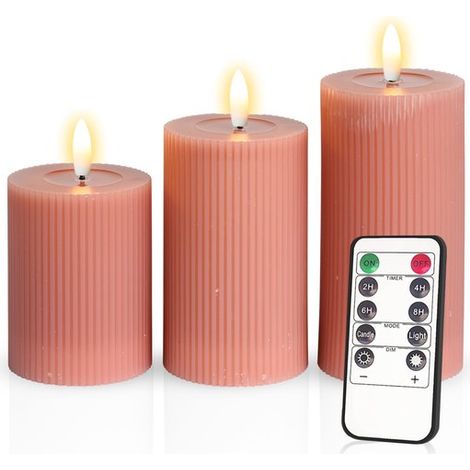 – Lot de 3 bougies piliers LED côtelées – Rose ancienne – Bougies piliers en cire véritable – Bougies LED – Hauteur : 10 / 12,5 / 15 cm – Avec télécommande – Minuteur 2/4/6/8 heures – Intensité réglab (1/5)