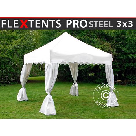 Pop up gazebo FleXtents PRO Steel "Wave" 3x3 m White, incl. 4 decorative curtains
