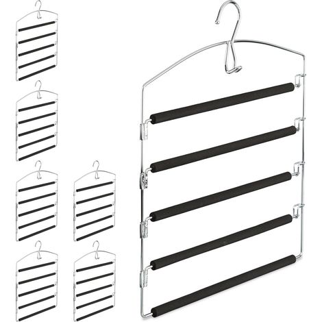 7 perchas múltiples de metal, Pantalones y faldas, Antideslizante, HxLxP: 44, 5 x 37 x 2,7 cm, plata/negro