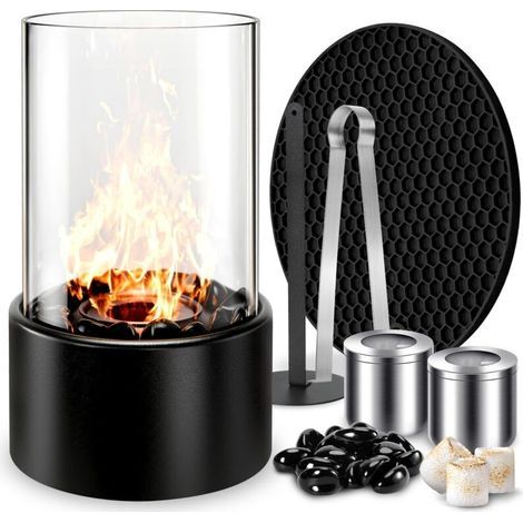 Cheminée de Table, Cheminee de Table Bioethanol Interieur, Cheminée Éthanol Décoration de Feu de Table Moderne, Cheminée au Bioéthanol Autonome avec Pierres Décoratives (1/4)