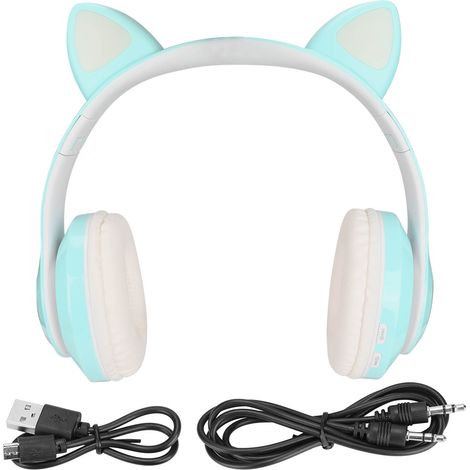 Casque Enfant Bluetooth 5.0 avec Oreilles de Chat Lumineuses, Pliable et Sans Fil - Vert d'Eau LXB39C (1/5)