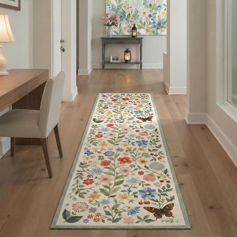 Tapis Salon Vintage Entree 80x150cm Lavable en Machine AntidéRapant Poil Ras, pour Chambre Salle a Manger Descente de Lit Bureau, Cuisine,Crème Pêche et Bleu Pâle (1/5)