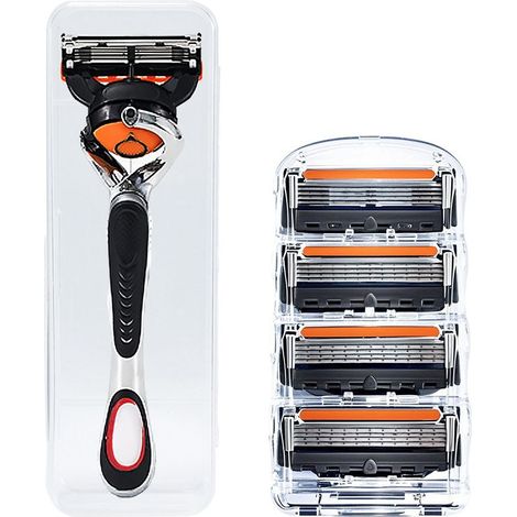 Elektrische Herrenrasierer – 4er-Packung mit orange-schwarzen 5-lagigen Rasierklingen für Herren + Rasierergriff und Aufbewahrungsbox – Kompatibel mit den meisten Rasierern (1/5)