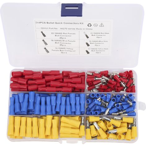 Set mit 244 lötfreien Buchsen-Stecker-Drahtverbindern, rot, blau, gelb, für Werkstatt und Garage (1/5)