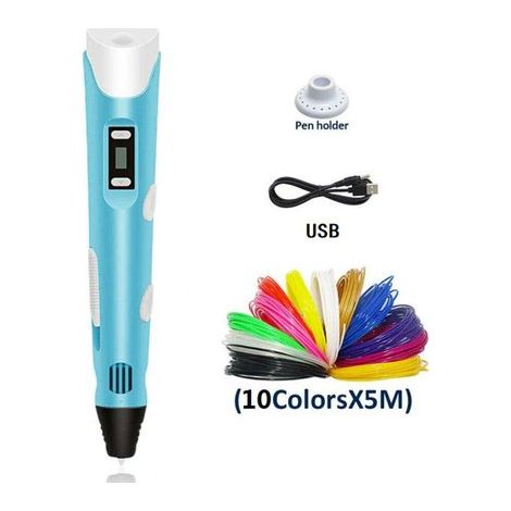 Lápiz de impresión 3D para niños, rompecabezas 3D para armar, modelo USB con alcance de 5 m x 10 colores (50 m en total), azul (1/2)